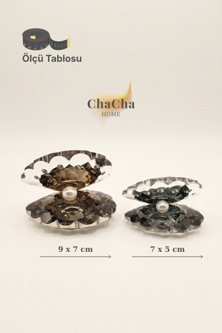 Chacha Home Oceana Pearl 2'li Kristal İncili İstiridye Obje Seti 9x7 Cm & 7x5 Cm - Lüks Cam Dekoratif Masa Üstü Biblo Füme