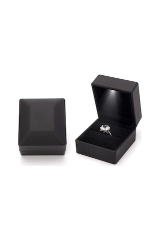 Springsun Siyah Mat Lacivert Led Işıklı Yüzük Kutusu - Gizli Kapaklı 6.3x5.8x5cm Boyutlu Tahta Kutu Siyah