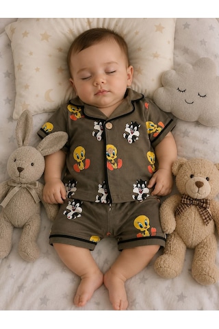 Tuem Bebek Tweety Ve Sylvester Desenli Unisex Bebek Şortlu Pijama Takımı Beden Ölçüleri Açıklamada Açık Haki