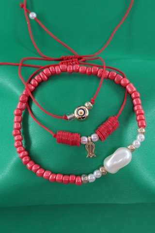 3lü Laleli İncili Nazar Boncuklu Asansörlü Lastikli İp Bileklik. Boncuklu Kadın İp Bileklik Halhal Çok Renkli