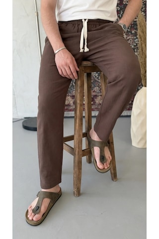 Defymoda Erkek İthal Yıkamalı Keten Pantolon Kahverengi