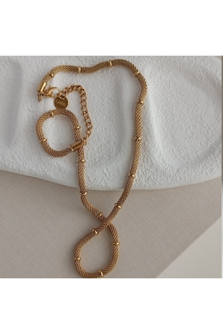 Lente Aksesuar Kadın Gold Çelik Hasır Boğumlu Zincir Kolye Gold