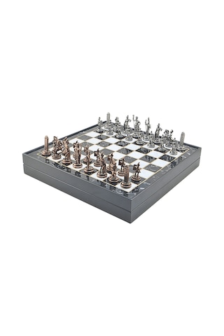Gifthome Orta Boy Metal Yunan Mitolojisi Satranç Tk. Antik Ve Mermer Desenli Sandıklı Mdf Tahtası 36x36 Cm.