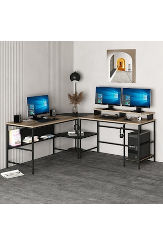 Minarmobilya Minar Greta L Köşe Çalışma Masası - Dore/Siyah Ceviz
