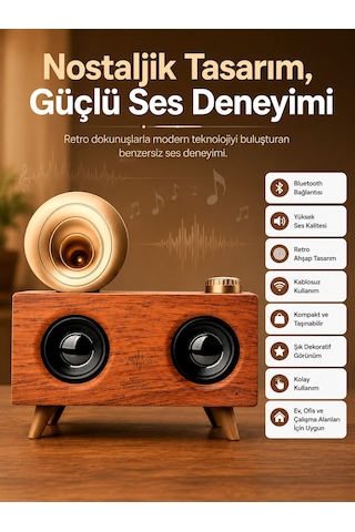 Bluetooth Nostalji Speaker Radyo Gramofon Ahşap Renk Vintage - Bayi Depom