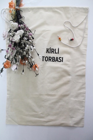 Keten Boncuk Detaylı Çok Amaçlı Kirli Torbası 50x70cm Beyaz