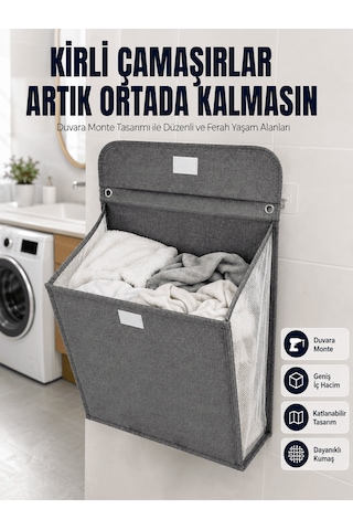 Banyo Ve Çamaşır Odası İçin Duvara Asılan Katlanabilir Çamaşır Sepeti 7010