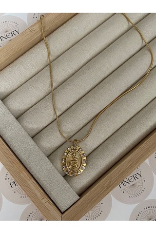 Oval Taş Işlemeli Yılan Paslanmaz Çelik Kararmaz Kadın Kolye Mo Altın