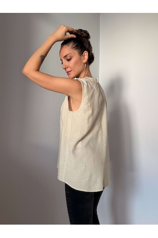 Ali Butik Taş Rengi Bisiklet Yaka Keten Bluz Taş