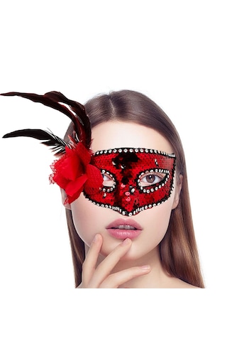 Esenoselect Kırmızı Renk Yandan Tüylü Güllü Gümüş Taşlı Pullu Maske 20x22 Cm -
