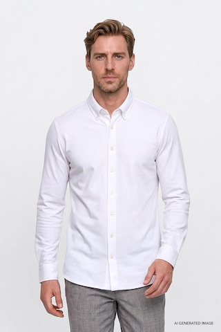 AC&Co / Altınyıldız Classics Erkek Beyaz Pamuklu Tailored Slim Fit Dar Kesim Düğmeli Yaka Örme Gömlek Beyaz