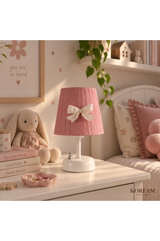 Gül Kurusu Pembe Keten Kumaş Kız Çocuk Odası Pilli Masa & Gece Lambası Çok Renkli