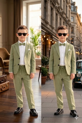 Baby Kids Colors Flamlı Keten Salaş Ceketli Takım Elbise/gömlek Pantolon Ceket Papyon Ay Grubu Zıbınlı Haki