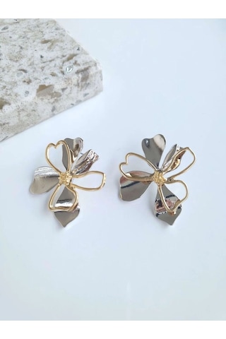 Vip Çift Renkli Çiçek Kadın Küpe Sevgiliye Hediye Altın