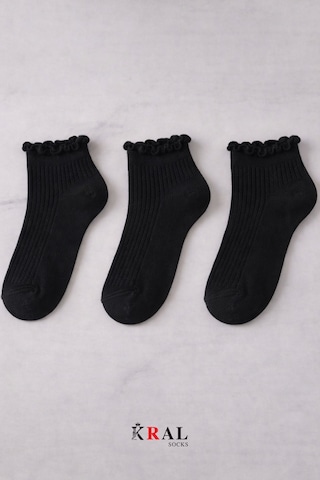 Kral Socks 3 Çift Pamuklu Fırfırlı Kadın Patik Çorap Dikişsiz Burun Siyah