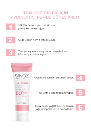 Sinoz Pink Touch Spf 50 Cilt Aydınlatıcı Ton Eşitleyici Pembe Yüz Tüm Ciltler İçin Güneş Kremi 50 ML