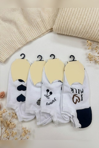 Mataş 4'lü Paket Kadın Patik Çorap Desenli Pamuklu Dikişsiz Bilek Boy Beyaz 36-40