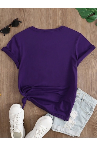 Unisex Sevimli Kedi Patili Kalp Tasarım Basklı Tshirt Mor