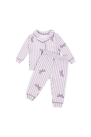 Bebegen Kız Bebek Beyaz Lila Fiyonklu Çizgili Pijama Takımı
