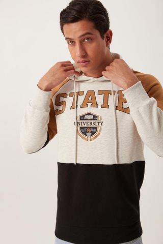 Polostate Erkek Parçalı Kapüşonlu 3 İplik Sweatshirt Gri