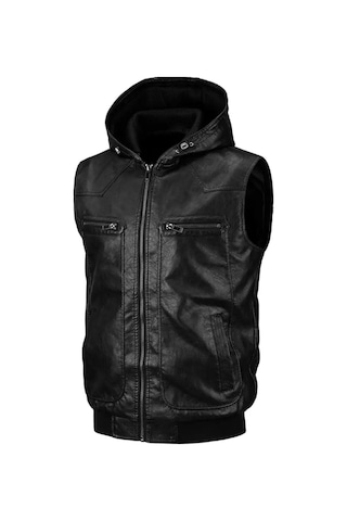 Kapüşonlu Triko Yaka Ve Triko Bel Hakiki Kuzu Derisi Yelek Siyah