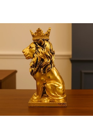 Taçlı Oturan Aslan Figürü Polyester 34x14