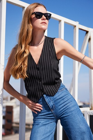 Bigdart 6794 Çizgili Dokuma Yelek - Siyah 001
