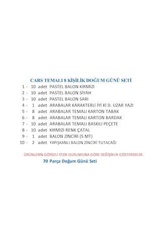 Arabalar Temalı 8 Kişilik Doğum Günü Seti