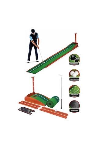 Walke Golf Putt Matı Ahşap Otomatik Top Dönüşlü Golf Antrenman Seti 3 Toplu 2 Delikli Yeşil