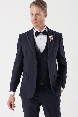 İmza Koyu Lacivert Desenli Armürlü Çıkarılabilir Mono Yaka Yelekli 6 Drop Slim Fit Smokin Damatlık Takım 1001230202-Koyu Lacivert