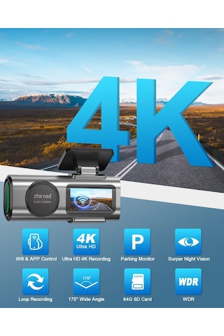 4k Wifi Ön Araç İçi Kamera, Uygulama Kontrolü, 64 G Sd Kart Ve Çıkarılabilir Tutuculu, 1,47 İnç Ips Ekran, 170
