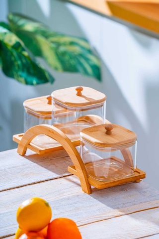 Acar Malibu Bambu Standlı 3 Lü Borosilikat Cam Baharatlık Seti Ahşap