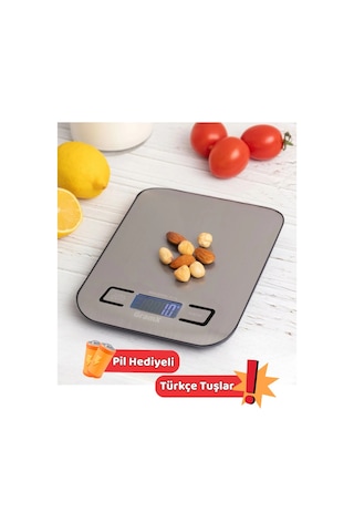Hassas Mutfak Terazisi 5 Kg - 1 Gr Hassasiyet - Paslanmaz Çelik - Led Ekran - Pil Hediyeli Gri