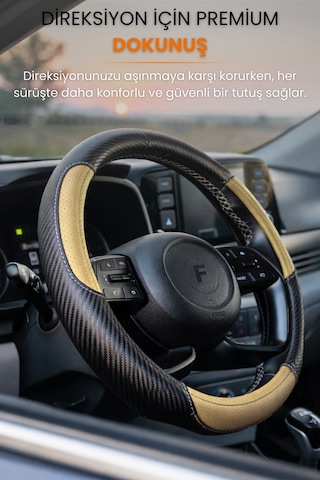 Direksiyon Kılıfı Universal Geçmeli Oto Direksiyon Kılıfı Premium Deri Kaymaz Kolay Montaj - Crbx6 Siyah - Bej