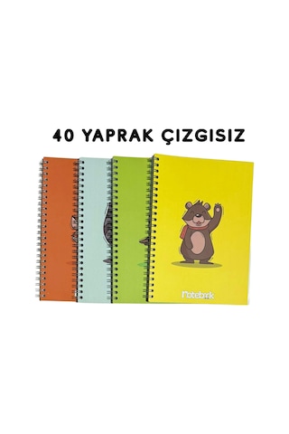 A5 Spiralli Sevimli Hayvanlar Konsept Defter 40 Yaprak 4'lü Tamamı Çizgisiz