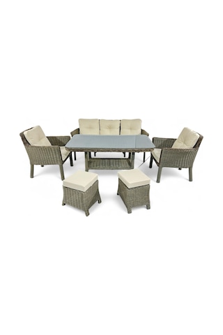 Wellagarden Premium Okyanus Rattan Üçlü Bahçe Koltuk Takımı Kahve, 2 Puf Kahverengi