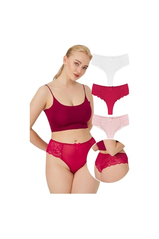 Dantelli Tül Detaylı Büyük Beden Kadın Brezilya 3'lü Paket Külot 550331209 Çok Renkli