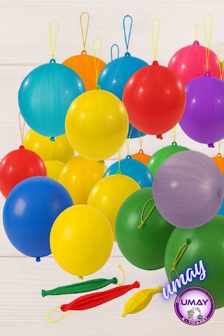 20 Adet Zıpzıp Balon İpli Lastikli Punch Panç Büyük Balon Çok Renkli