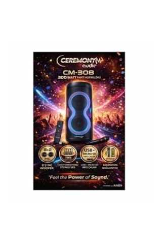 Ceremony Audio Cm-308 Taşınabilir Bluetooth Parti Hoparlör 2x8 Inç Woofer 300watt Tws Disco Lights