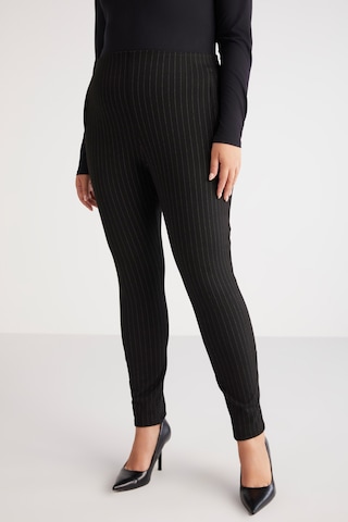 ETHIQUET ABRIELLEBB Kadın Çizgi Desenli Slim Fit Dar Paça Fermuarlı Örme Siyah - Beyaz Büyük Beden Pantolon