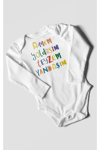 Annem Yoldaşım Teyzem Yandaşım Baskılı Bebek Zıbını Çıtçıtlı Body %100 Pamuk Uzun Kol Beyaz
