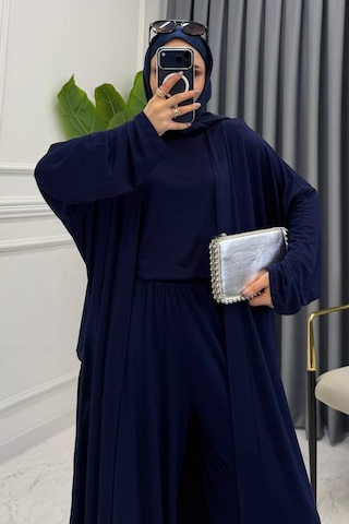 Balenbi Kadın Penye Uzun Hırka Bluz Geniş Paça Pantolon Abaya Takım 1217 Lacivert