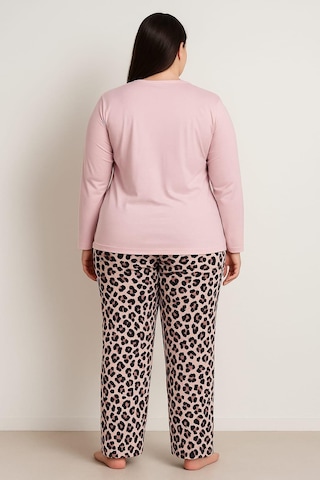 Pemilo Kadın 20751 Büyük Beden Uzun Kol % 100 Pamuk Milan Pijama Takımı Pudra Pudra