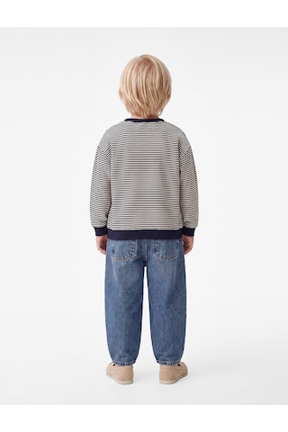 Koton Etiket Detaylı Şardonlu Bisiklet Yaka Uzun Kollu Oversize Çizgili Sweatshirt Lacivert Çizgili 7wmb10126tk