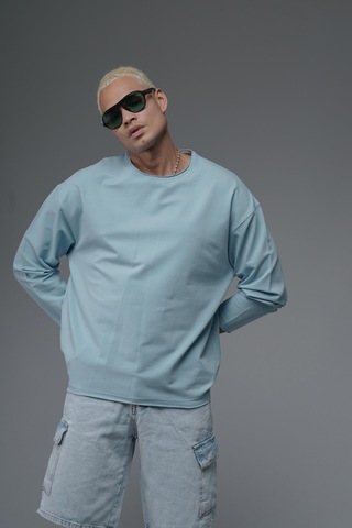 Pis Yaka Oversize Kalıp Düz Sweatshirt Mavi