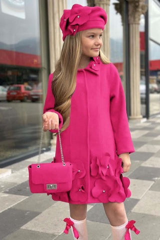 Riccotarz Kız Çocuk Yakası Taş Ve Yonca Detaylı Çıtçıt Düğmeli Fuşya Kaşe Fuşya