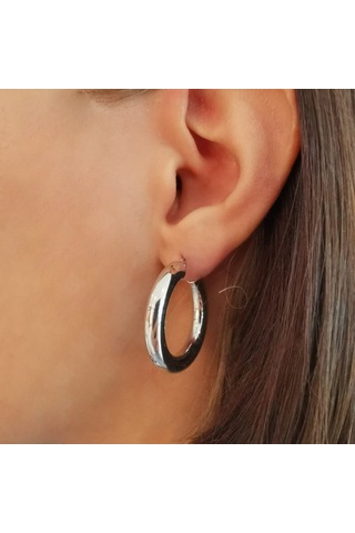 Halka Gümüş Küpe Rodyum Orta Boy Kalın