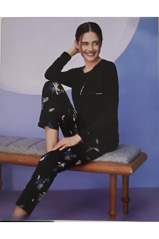 Miss Klein Kadın Büyük Beden Düğme Yaka Pamuklu Likralı Uzun Kol Pijama Takımı 1139 - 1 Adet Siyah