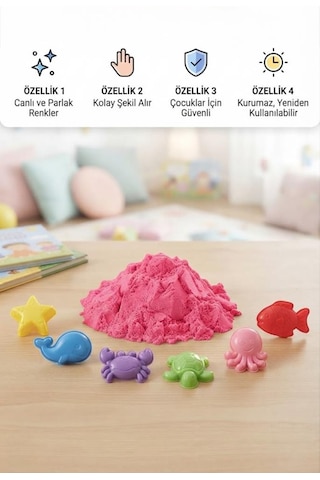 6 Kalıp Hediyeli Kinetik Oyun Kumu Kolay Temizlenen Parlak Kurumayan Güvenli Eğitici Oyuncak Kum Pembe