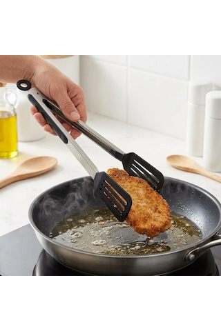 32 Cm Kilitlenebilir Mangal Maşası Ve Kızartma Spatulası, Metal Gövdeli Siyah Delikli Geniş Uçlu Servis Maşası, Et Tavuk Balık Köfte Kızartma Ve Barbekü İçin Çok Amaçlı Mutfak Maşası